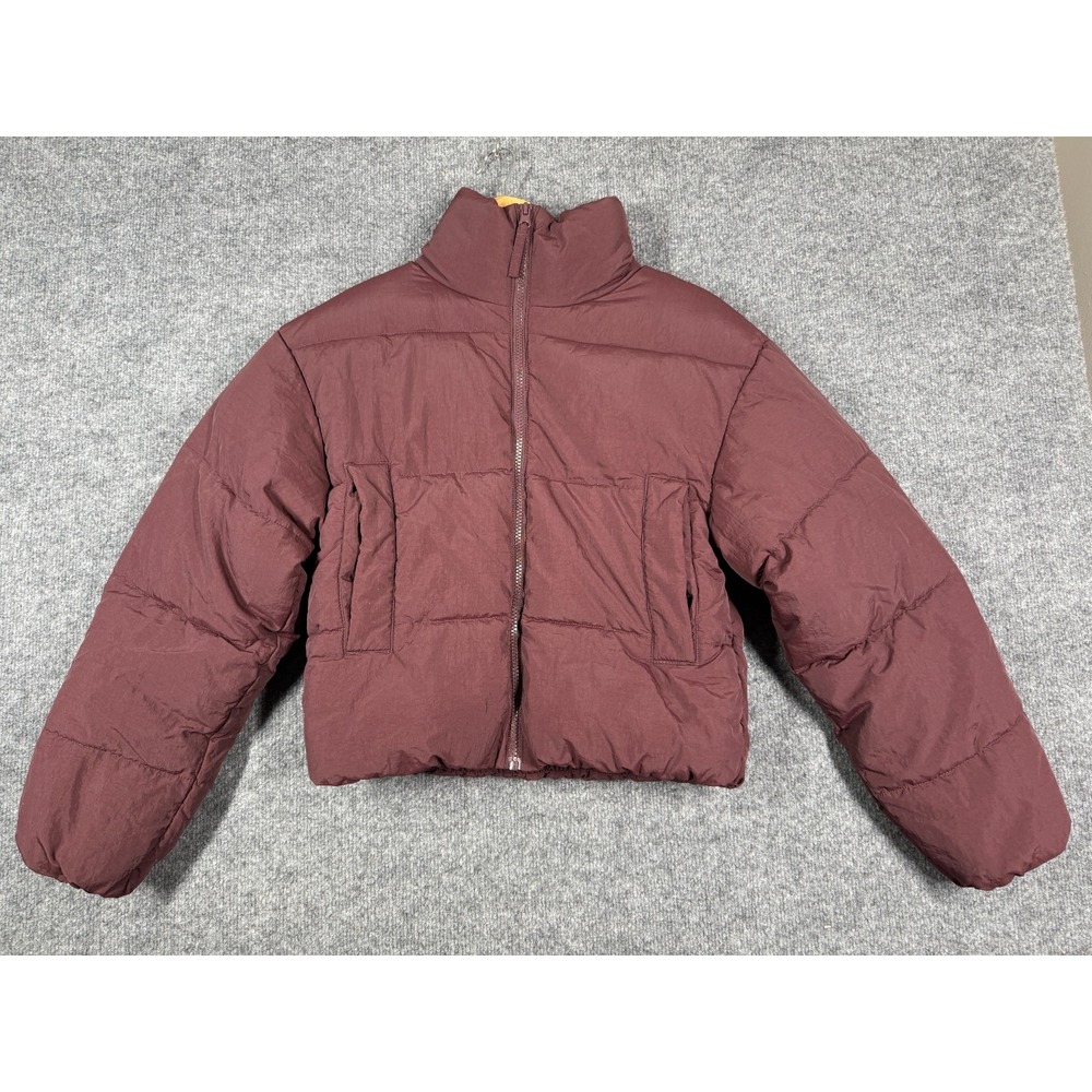 Divided H&M Puffer Jacket Womens XS Maroon Lined Crop Full Zip Winter Outerwear